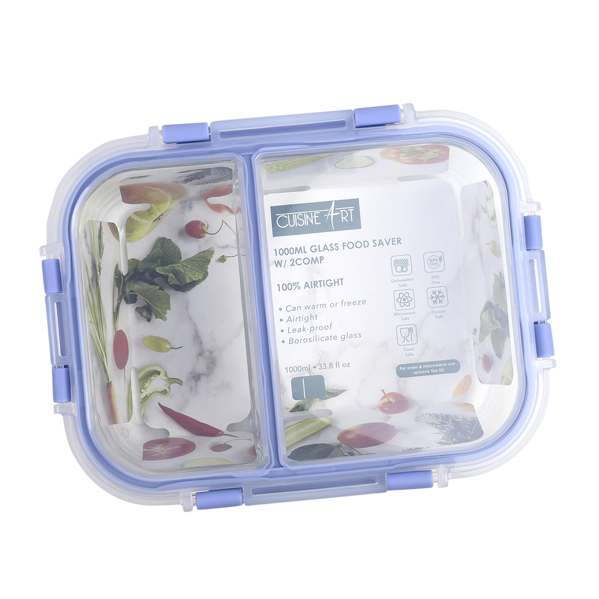 Cuisine Art High Borosilicate Glass 2 Compartment Food Saver with PP Lid, Transparent, 1000ml - Image 3
