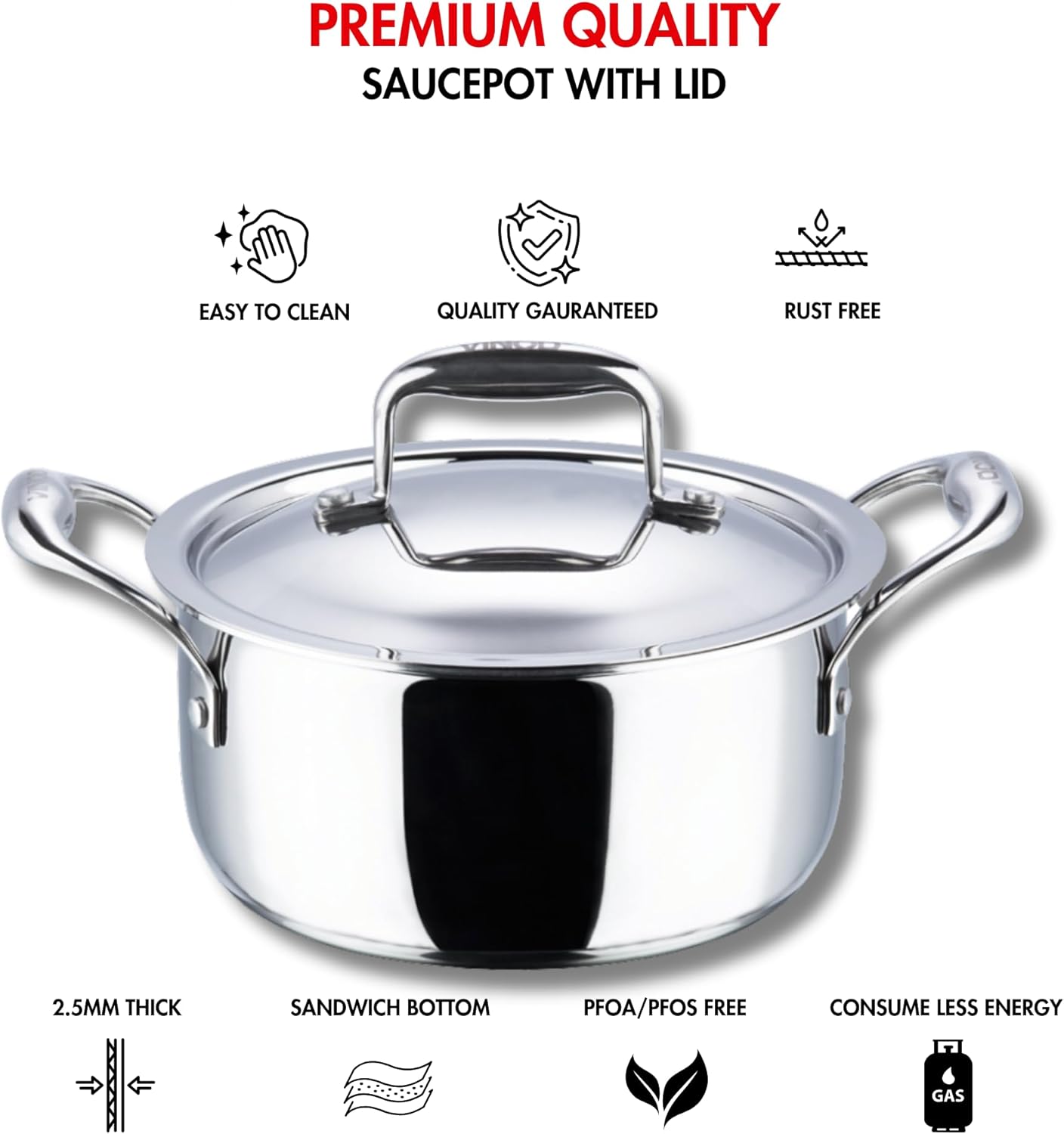 Vinod Platinum Triply Stainless Steel Saucepot with Lid- 26 cm, 6.8 Litre (Induction Friendly) - Image 4