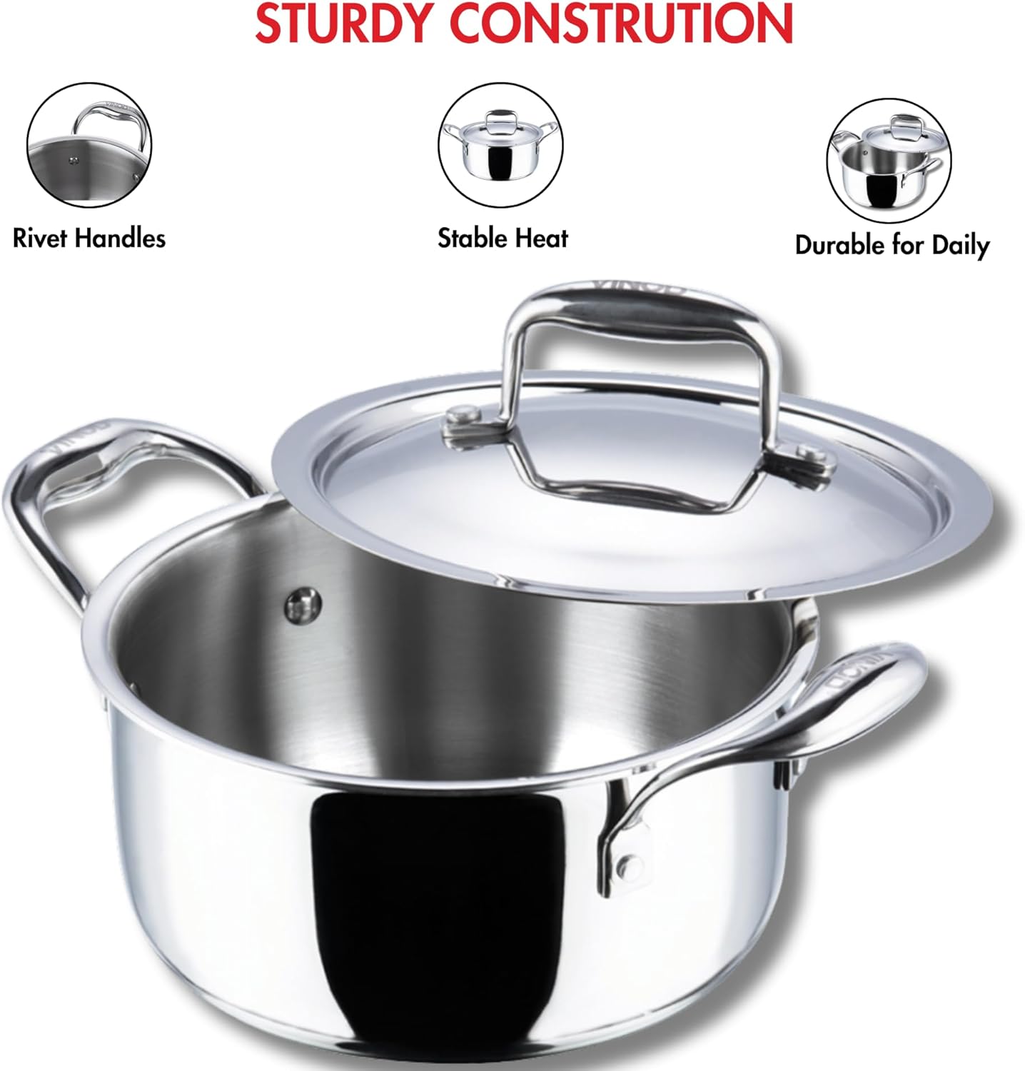 Vinod Platinum Triply Stainless Steel Saucepot with Lid- 26 cm, 6.8 Litre (Induction Friendly) - Image 5