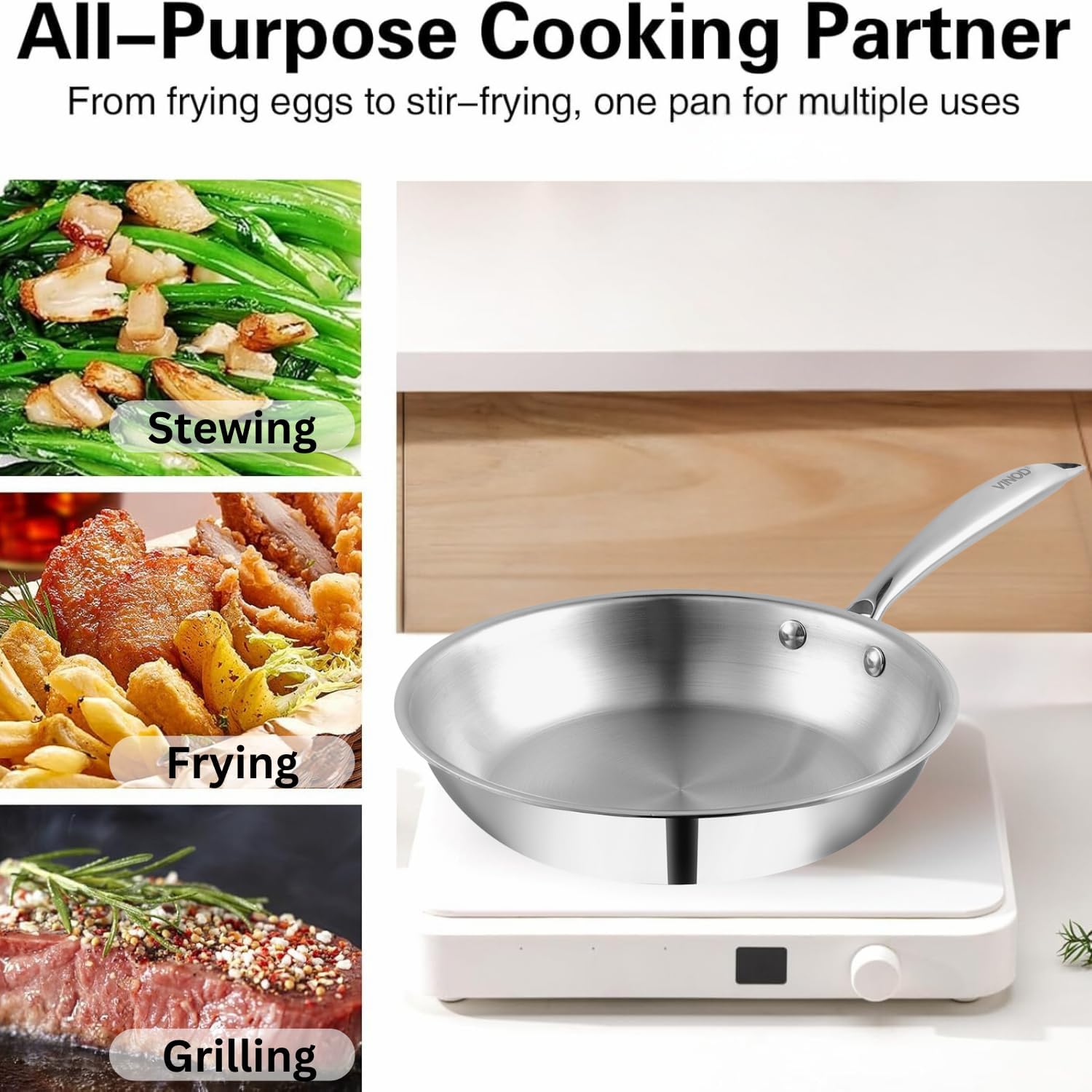 Vinod Platinum Triply Stainless Steel Fry Pan - 24 cm (Induction Friendly, 2.5mm thick) - Image 3