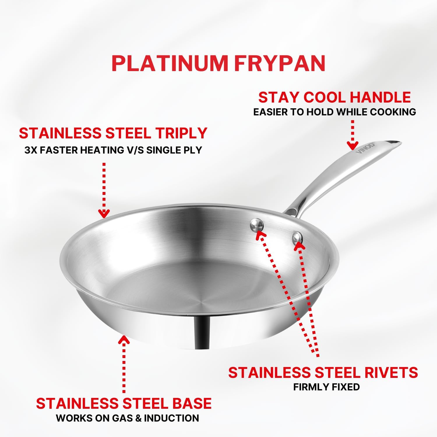 Vinod Platinum Triply Stainless Steel Fry Pan - 24 cm (Induction Friendly, 2.5mm thick) - Image 5