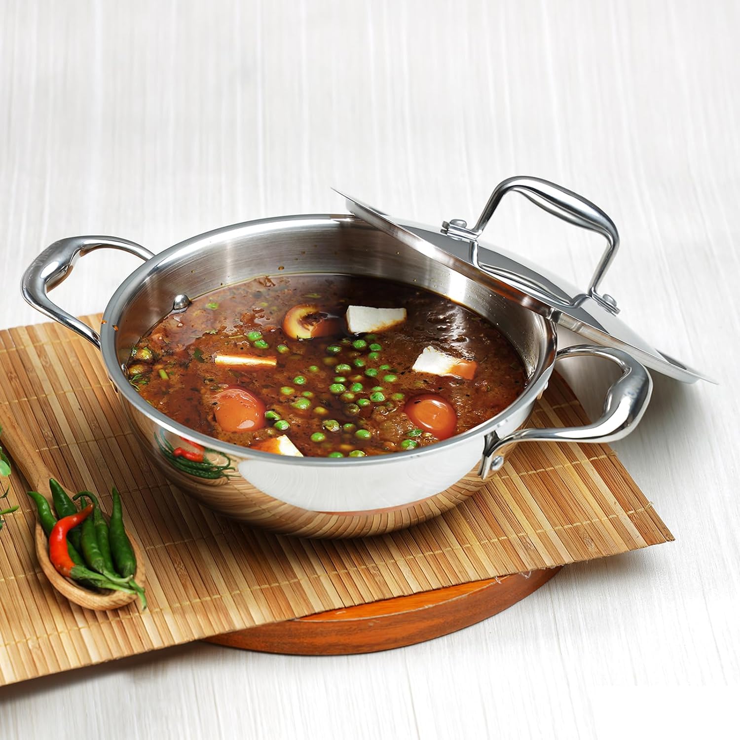 Vinod Platinum Triply Stainless Steel Kadai with Lid - 30 cm, 4.5 L (Induction Friendly) - Image 2