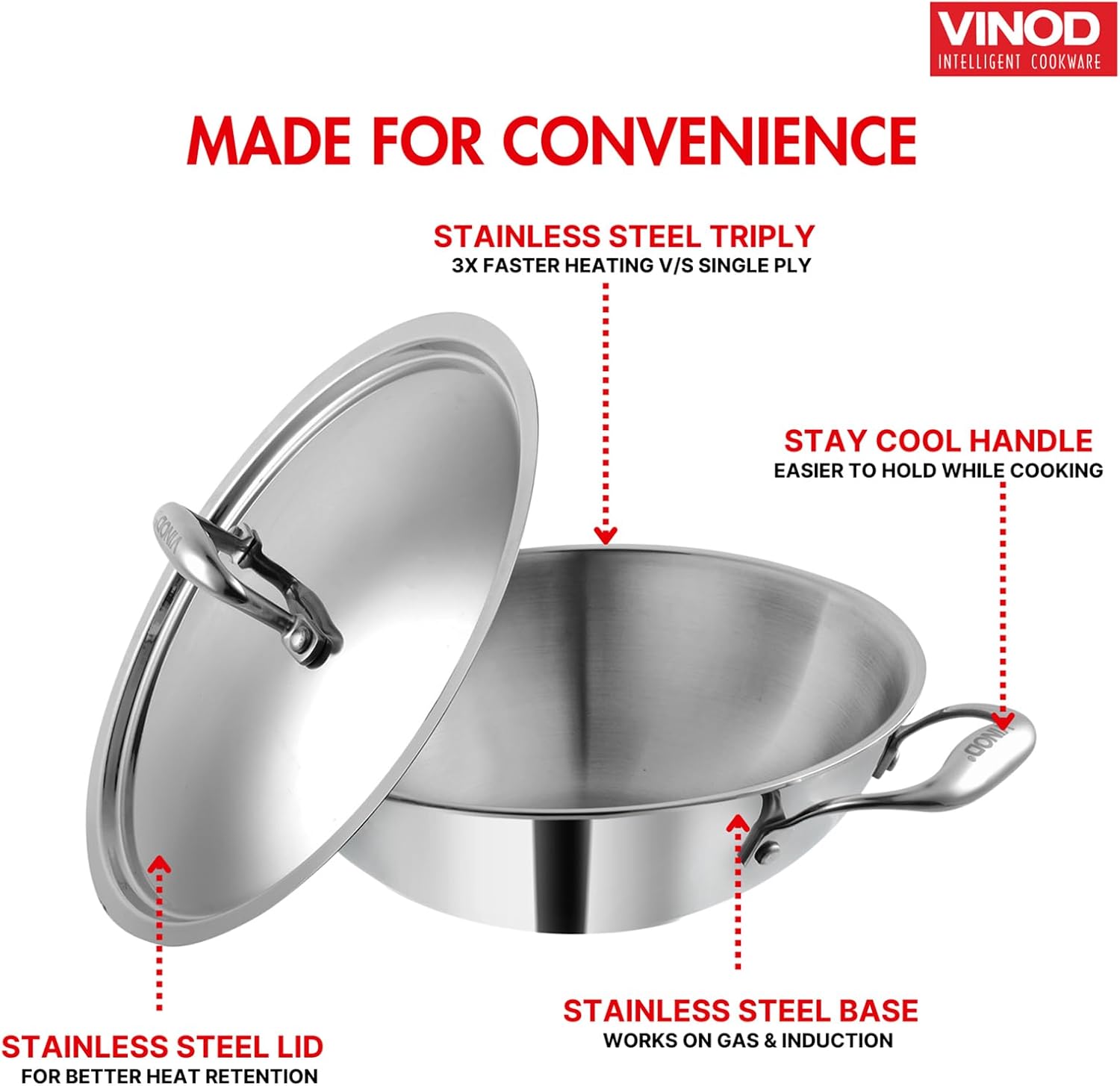 Vinod Platinum Triply Stainless Steel Kadai with Lid - 30 cm, 4.5 L (Induction Friendly) - Image 6