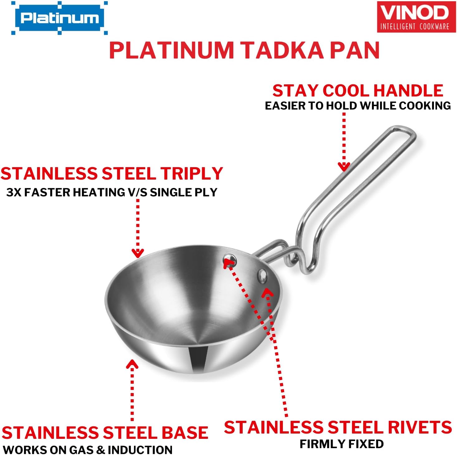 Vinod Platinum Triply Stainless Steel Tadka Pan - Large, 11cm - Image 5