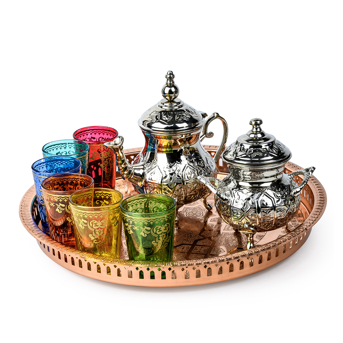 Cuisine Art Moroccan Brass Arwa Teaset with Copper Tray - 9 Pieces