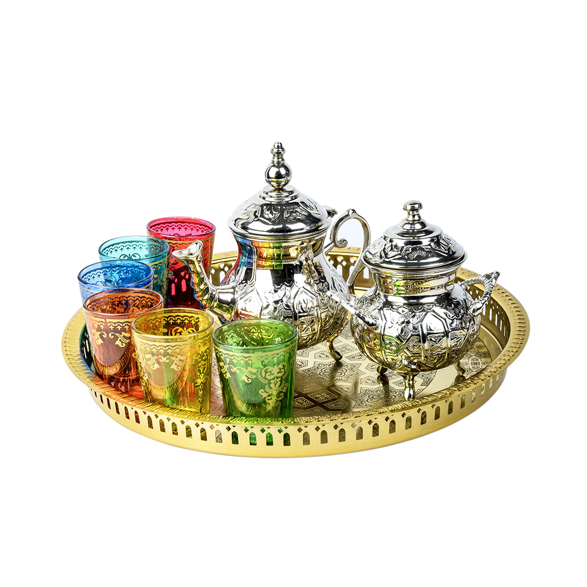 Cuisine Art Moroccan Brass Arwa Teaset with Gold Tray - 9 Pieces