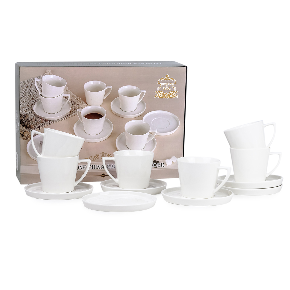 Shallow Cup & Saucer - 12 Pieces with New Bone China, 220ml, White
