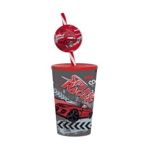 Herevin 340ml Speed Racer Printed Kids Tumbler with Fancy Straw  Multicolor BPA-Free PP Sipper Cup with Secure Lid