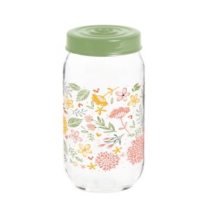 Herevin 1 Liter Glass Spice Jar with Decorative PP Green Lid Botanic, Transparent