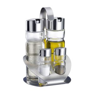 Cuisine Art Soda Lime Glass Cruet Set with Stainless Steel Stand, 4 Pieces, Transparent