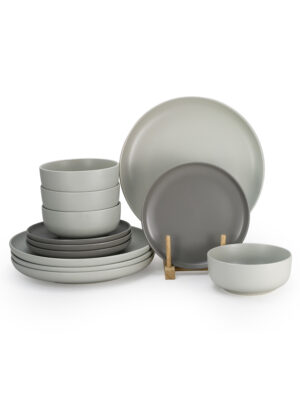 Shallow Nordic 12-Piece Dinner Set in Elegant Grey | 4 × 10.5 Dinner Plates, 4 × 7.5 Side Plates & 4 × 5.5 Deep Bowls