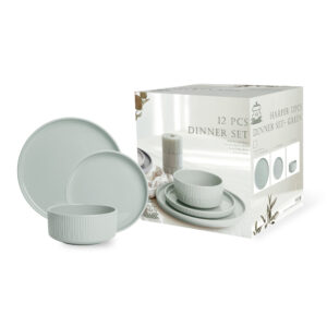 Shallow Stoneware HARPER 12-Pc Dinner Set-Elegant Green Crockery|4x10.5 Dinner Plates,4×7.5 Side Plates & 4x5.5 Deep Bowls