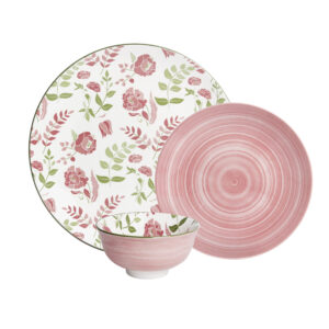 Shallow Porcelain ARLO 12-Pc Dinner Set - Elegant Pink Modern Crockery|4 × 10.5 Dinner Plates, 4 × 7.5 Side Plates & 4 × 4.5 Small Bowls