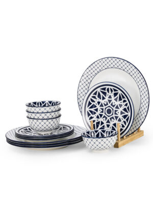 Shallow Porcelain MALFI 12-Pc Dinner Set - Elegant Blue Modern Crockery|4×10.5 Dinner Plates, 4×7.5 Side Plates & 4×4.5Small Bowls