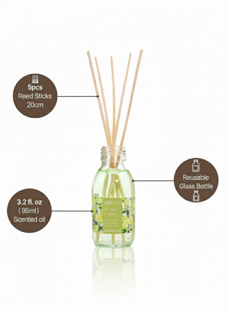 Mikaromas Reed Diffuser - Green Tea & Lemon Fragrance, 95ml|Long-Lasting Aromatic Reed Diffuser Set for Home, Office&Spa|Refreshing Citrus&Herbal Essential Oil Blend for Calm,Clean&Energizing Ambience - Image 3