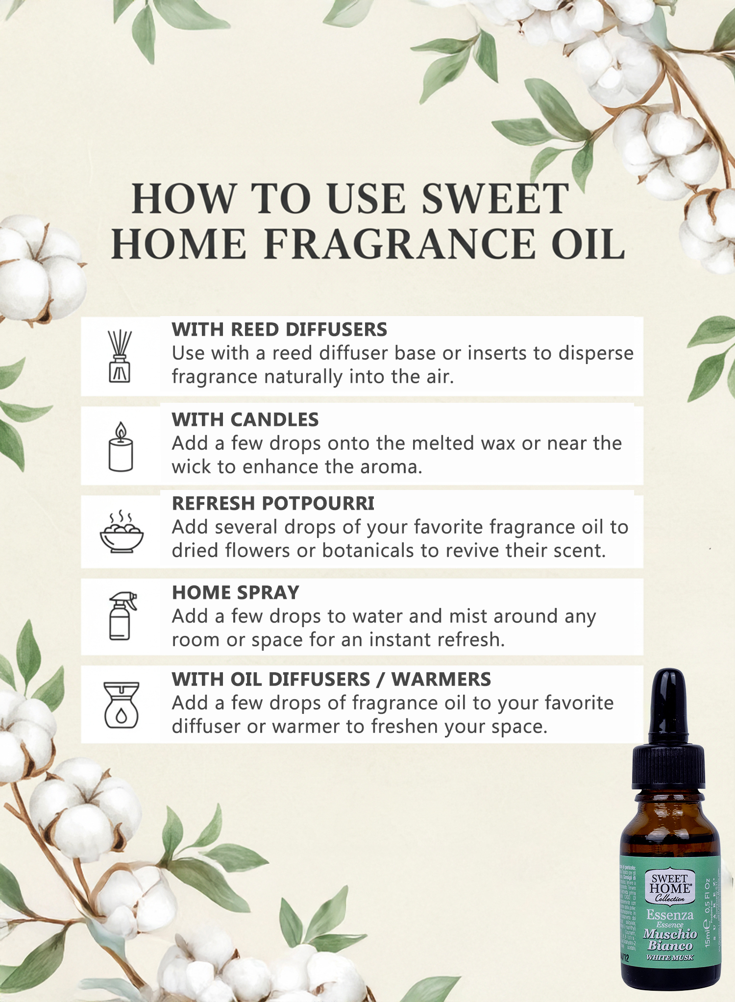 Sweet Home Essences White Musk Fragrance Oil, 15ml | Luxurious Long-Lasting Aroma for Home, Office & Diffuser | Soft, Clean & Elegant Musk Scent for Relaxation, Freshness & Everyday Serenity - Image 7