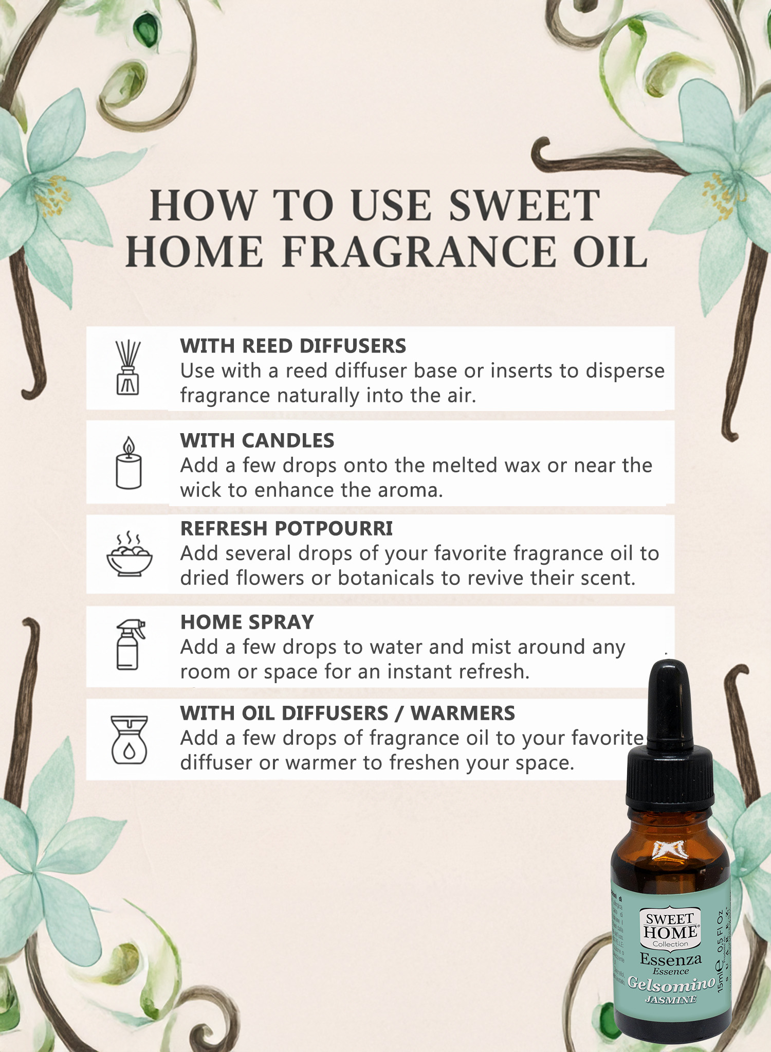 Sweet Home Essences Jasmine Fragrance Oil, 15ml | Long-Lasting Floral Aroma for Home, Office & Diffusers | Pure, Romantic & Soothing Jasmine Scent for Relaxation, Freshness & Aromatherapy - Image 6