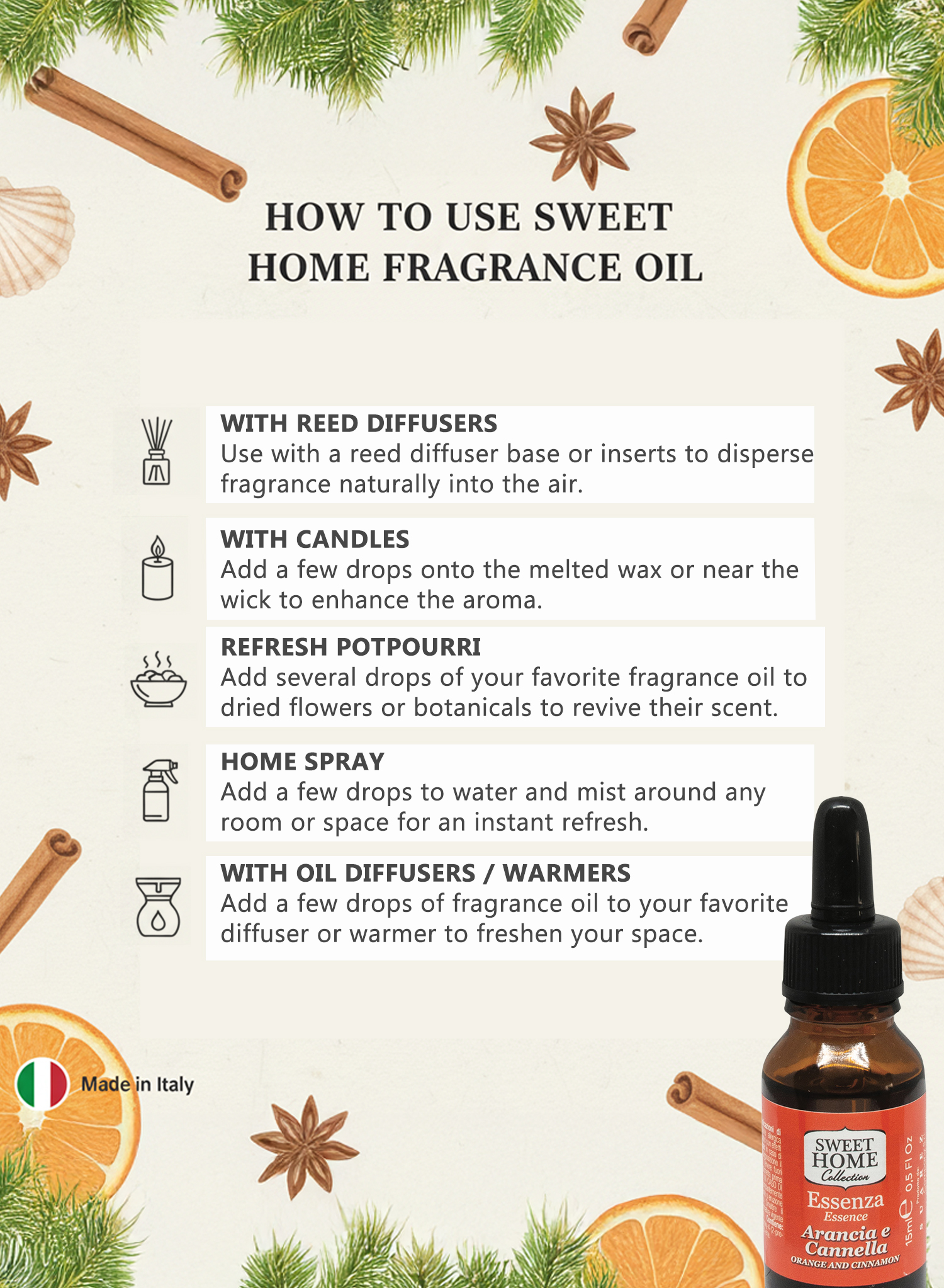 Sweet Home Essences Orange & Cinnamon Fragrance Oil, 15ml | Warm Citrus-Spice Aroma for Diffusers, Candles & Home Fragrance | Energizing, Cozy Blend for Festive, Inviting & Uplifting Ambience - Image 6