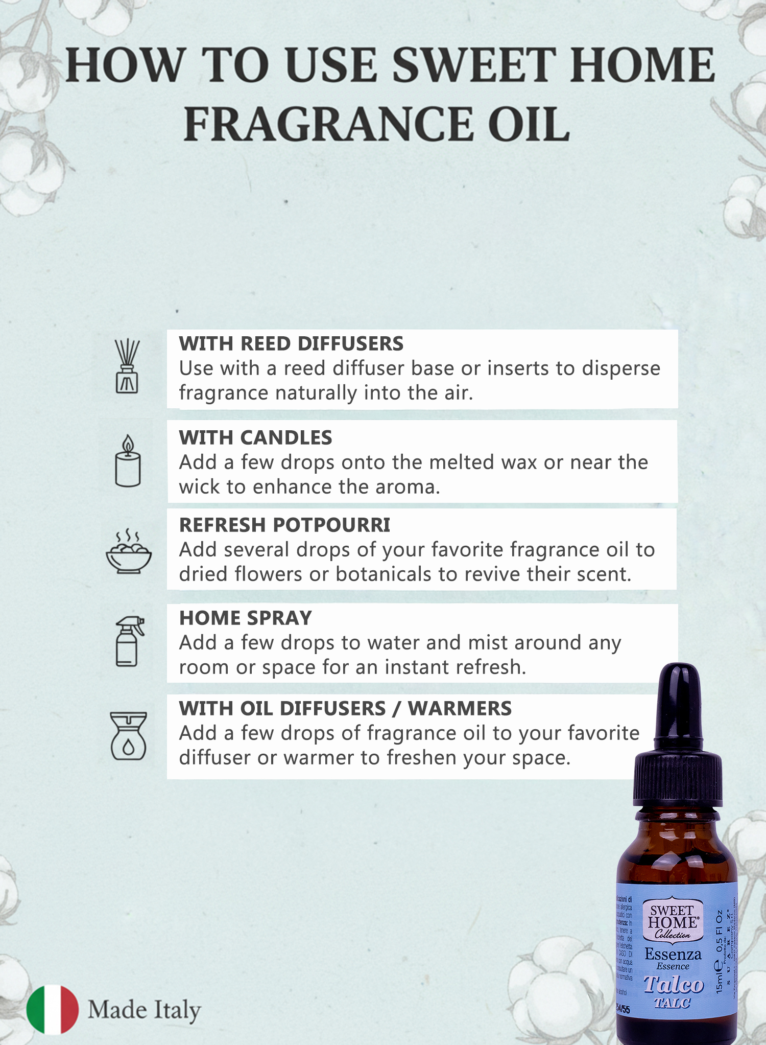 Sweet Home Essences Talc Fragrance Oil, 15ml | Soft, Powdery & Long-Lasting Aroma for Diffusers, Candles & Home Fragrance | Gentle, Fresh, Clean Scent for Relaxation & Everyday Comfort - Image 5