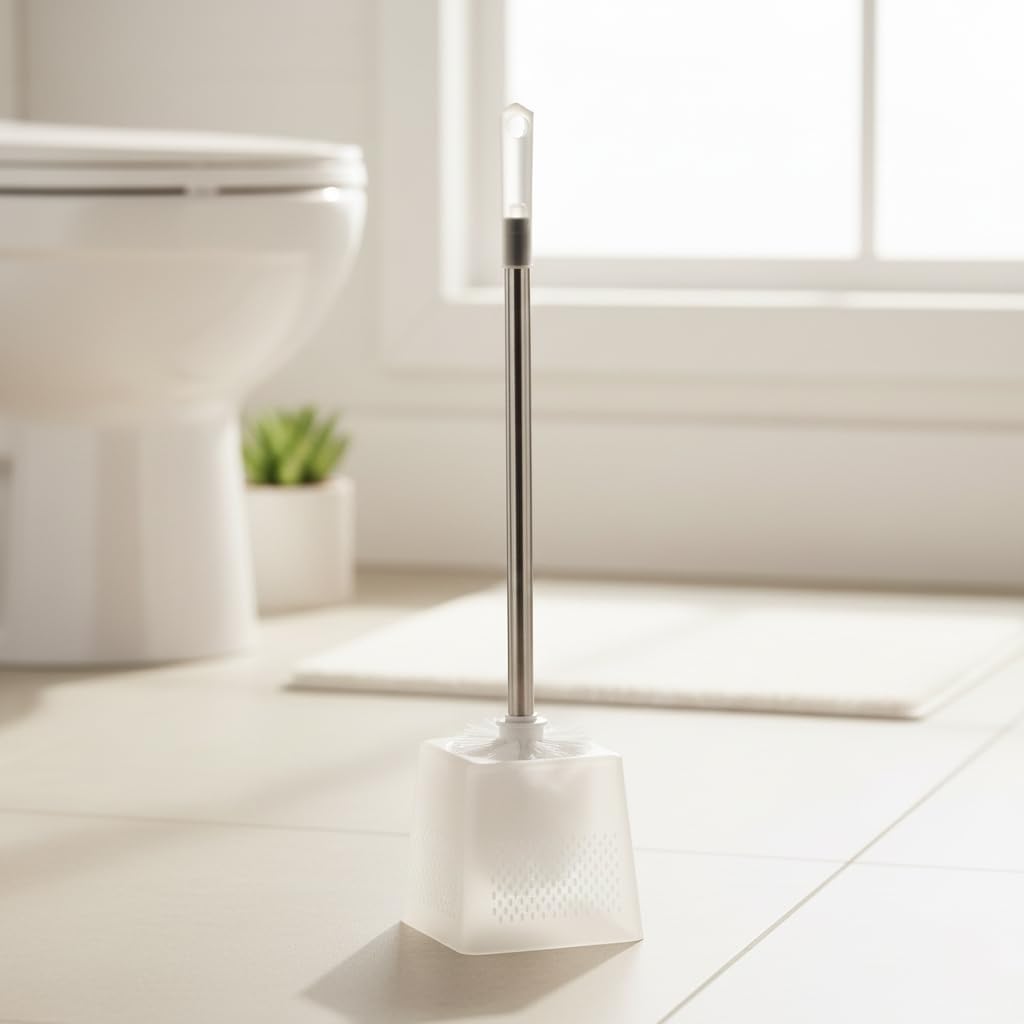 Modern Plastic Toilet Brush and Holder Set with Durable Metal Handle - 45cm Long Reach, Compact Bathroom Scrubber for Efficient Deep Cleaning, Minimalist White Design - Image 2