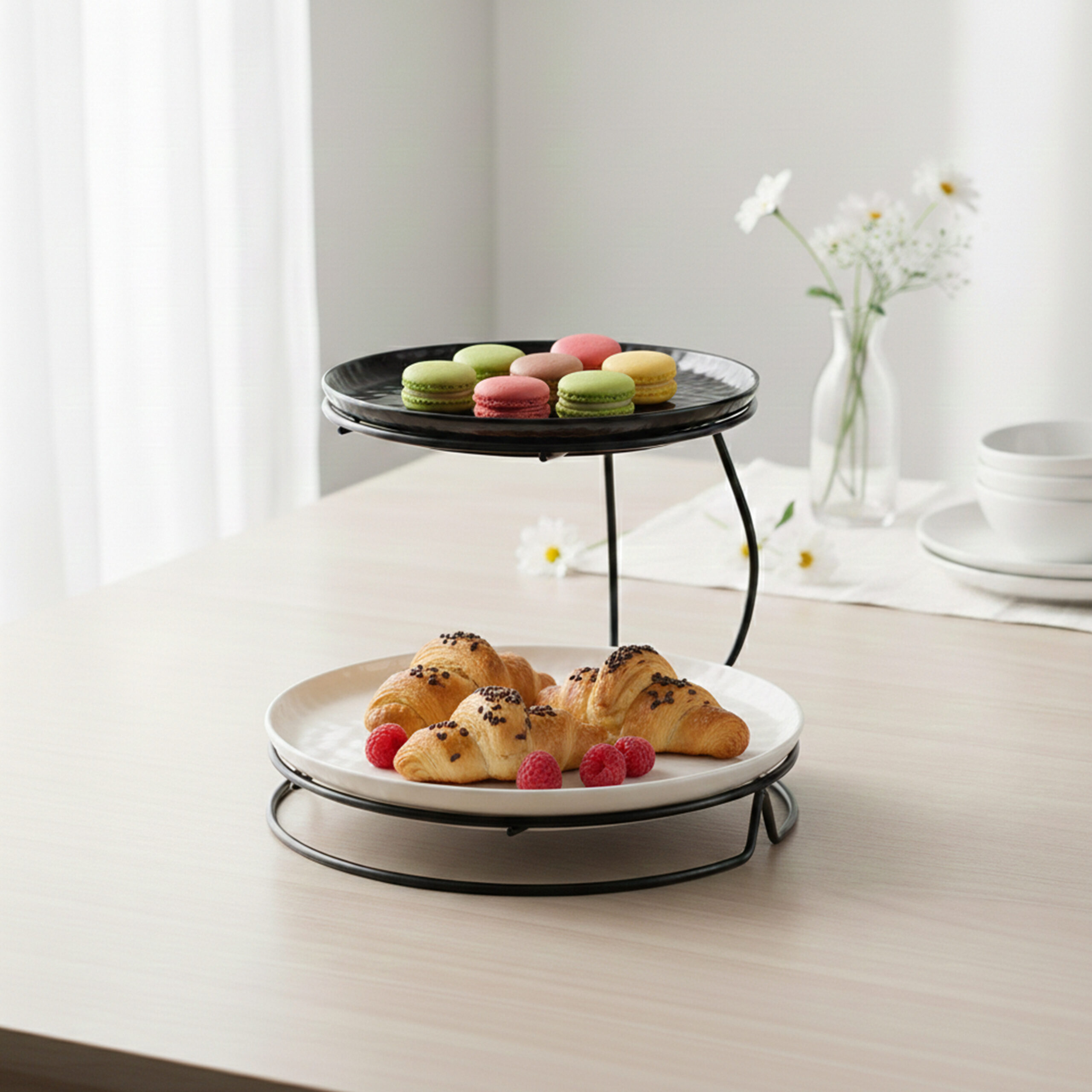 Shallow 2-Tier Serving Stand Hammered Porcelain Dessert Tower Multi ...