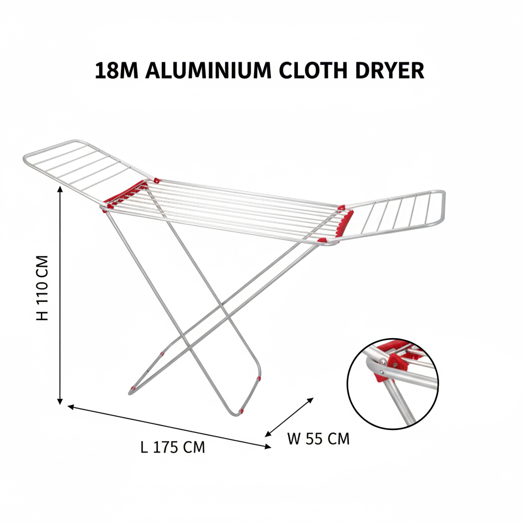 Cuisine Art 18M Aluminium Cloth Dryer with Iron Legs Blue/Red (Assorted)| Foldable Clothes Drying Stand | Size 175×55×110 cm for Home & Balcony - Image 5