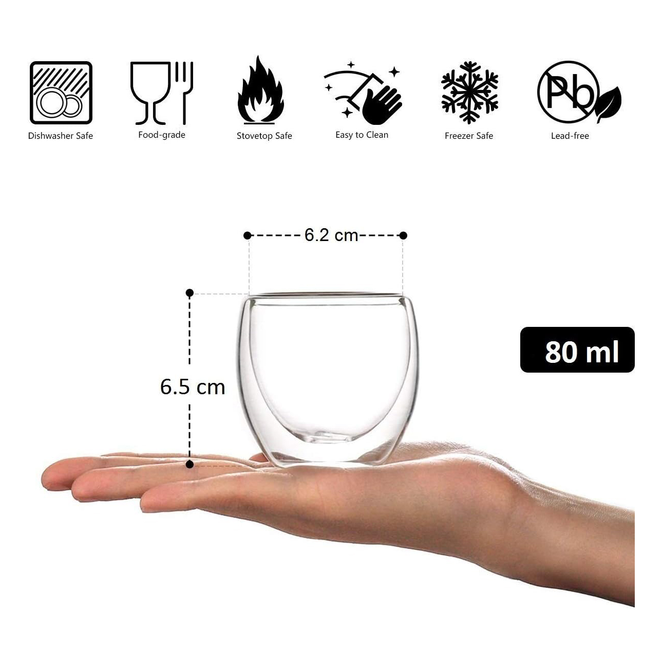 Cuisine Art Borosilicate Glass Double Wall Glass, 80ml Set of 4 | Transparent Heat-Resistant Espresso Tea Coffee Cups | Microwave & Dishwasher Safe Insulated Glassware - Image 3