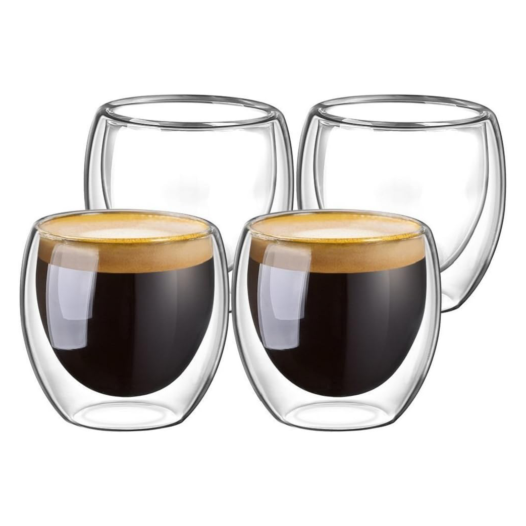 Cuisine Art Borosilicate Glass Double Wall Glass, 80ml Set of 4 | Transparent Heat-Resistant Espresso Tea Coffee Cups | Microwave & Dishwasher Safe Insulated Glassware
