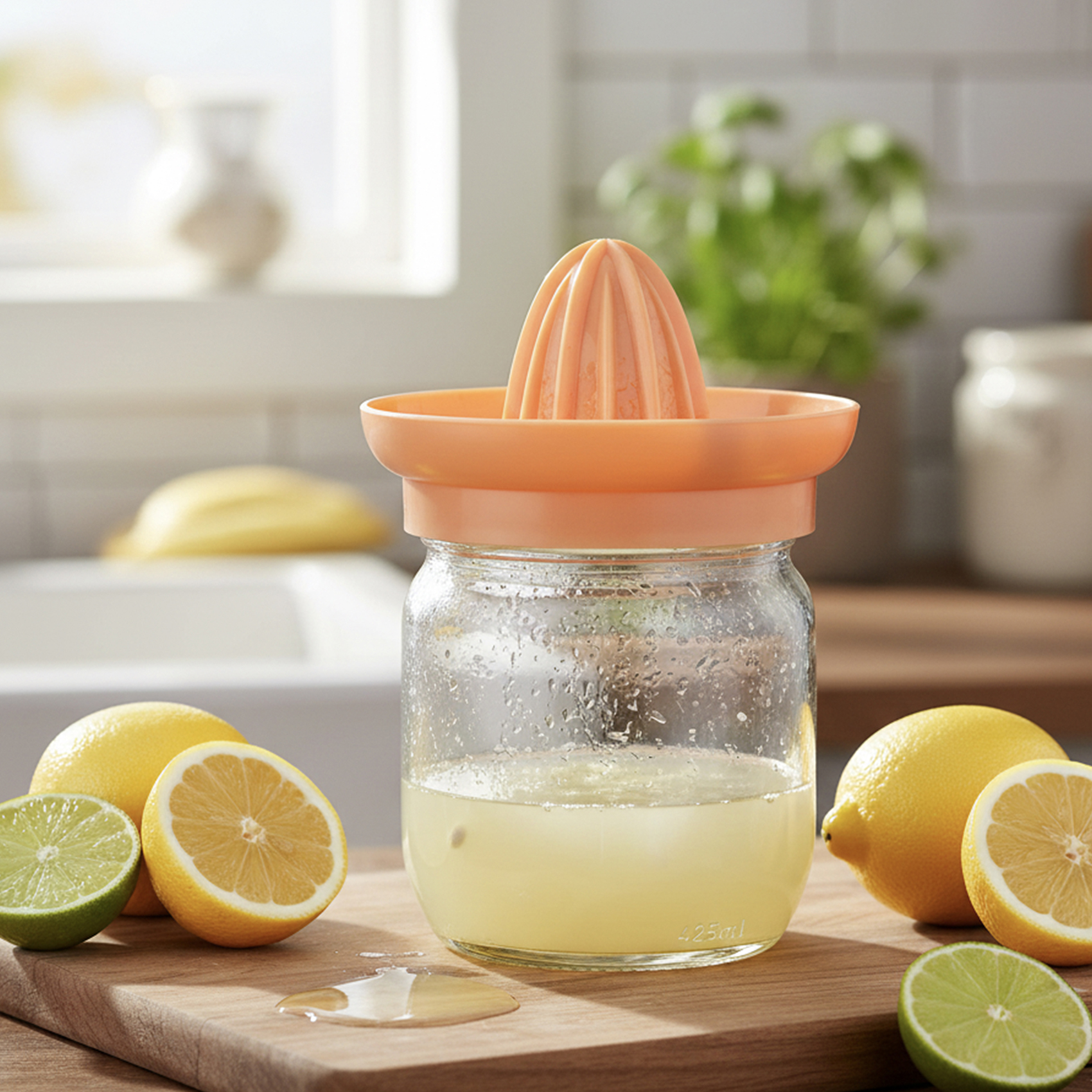 Herevin Glass & Polypropylene 425ml Citrus Squeezer, Manual Lemon & Orange Juicer with Glass Container, BPA Free Hand Press Fruit Juice Extractor for Kitchen, Home & Daily Use Clear (Cap Color Assorted) - Image 5