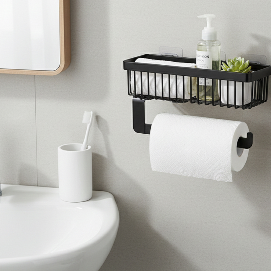 Herevin Polypropylene Shelf with Paper Towel Holder Black/White (Assorted) | Wall Mounted Kitchen Shelf | Multi-Purpose Storage Rack for Kitchen & Bathroom - Image 4