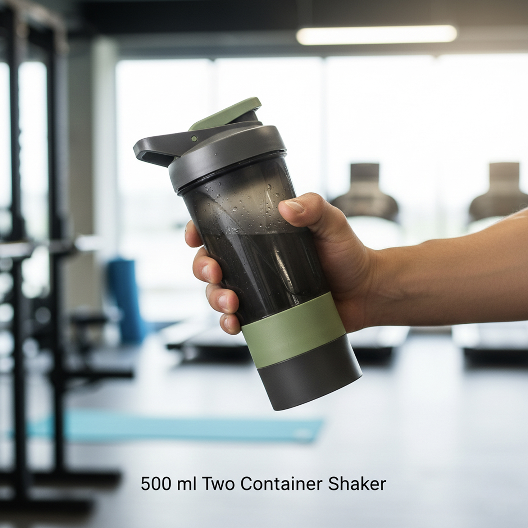 Herevin Polypropylene 500ml Gym Shaker Bottle with 2 Small Storage Containers, Leak-Proof Protein Shaker, BPA-Free Sports & Fitness Bottle for Gym, Workout, Supplements, Travel Black (Assorted Cap) - Image 6