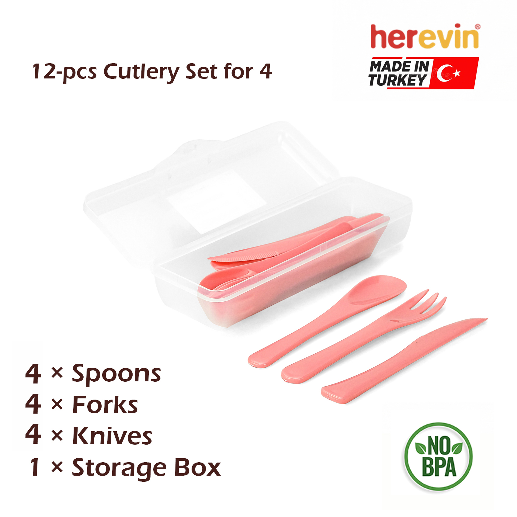Herevin Boxed Polypropylene Cutlery Set - Pink | 12 Pcs (4 Spoons, 4 Forks, 4 Knives + Storage Box) | Reusable Plastic Tableware for Home, Office, Travel & Kids - Image 3