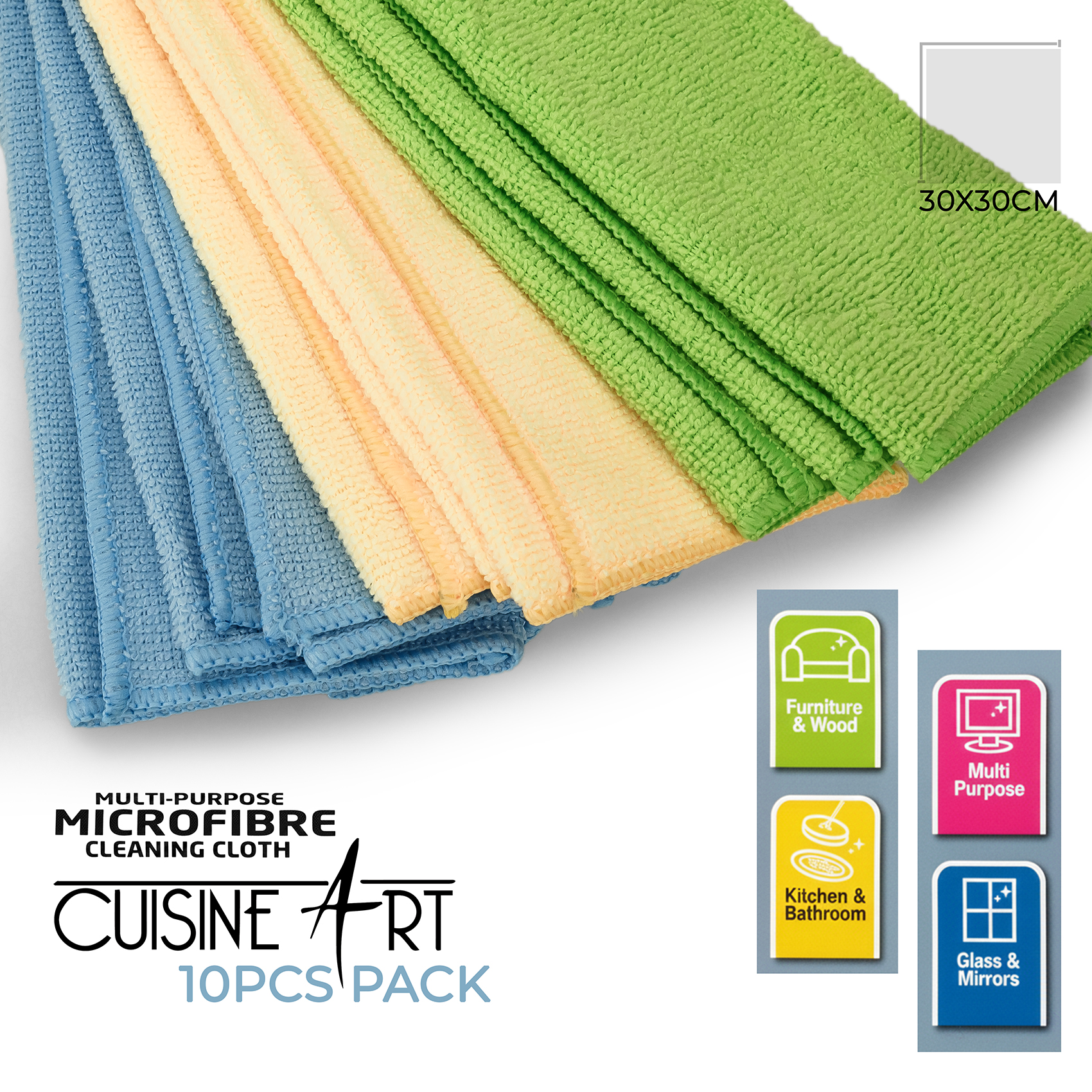 Cuisine Art 100% Polyester Multipurpose Microfiber Cleaning Cloth 10 PCS Set, Multicolor | 30×30 cm | Lint-Free, Reusable Cleaning Towels for Home, Kitchen & Car - Image 4