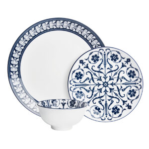 Shallow JAZY Porcelain 12 Pc Dinner Set White | Blue Floral Pattern Dinner Plates Side Plates & Bowls Dishwasher & Microwave Safe|Tableware for Ramadan Iftar Family Dining, Restaurants