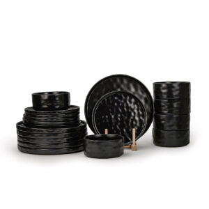 Shallow Stoneware HUA 18 Pc Dinner Set, Black | Hammered Texture Dinnerware Set for 6 People | Plates Bowls & Side Plates Lightweight Stackable Tableware Set for Modern Home Dining