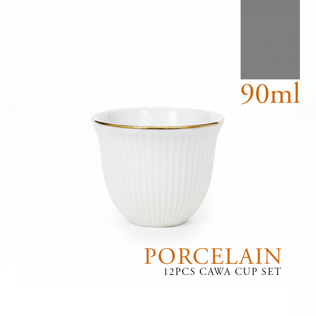 Shallow CAWA White Porcelain & Bone ChinaCoffee Cups with Gold Rim 12 PCS, 90ml Arabic Gahwa & Espresso Cups | Elegant White Tea Cups for Ramadan, Eid, Diwali, Brunch - Image 3