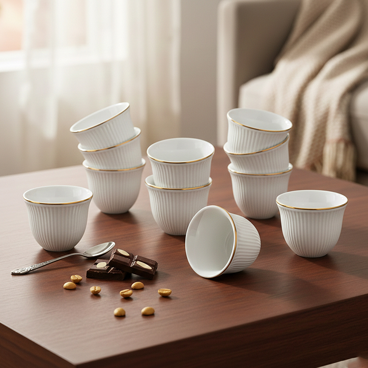 Shallow CAWA White Porcelain & Bone ChinaCoffee Cups with Gold Rim 12 PCS, 90ml Arabic Gahwa & Espresso Cups | Elegant White Tea Cups for Ramadan, Eid, Diwali, Brunch - Image 2