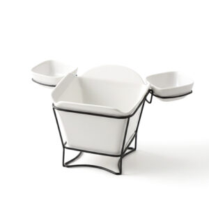 Shallow White Porcelain French Fries Holder with Stand & 2 Dip Bowls  17cm Fries Cup with 8cm Sauce Dishes | Modern Snack Server for Hosting, Parties, Coffee Table, Gifting & Entertaining