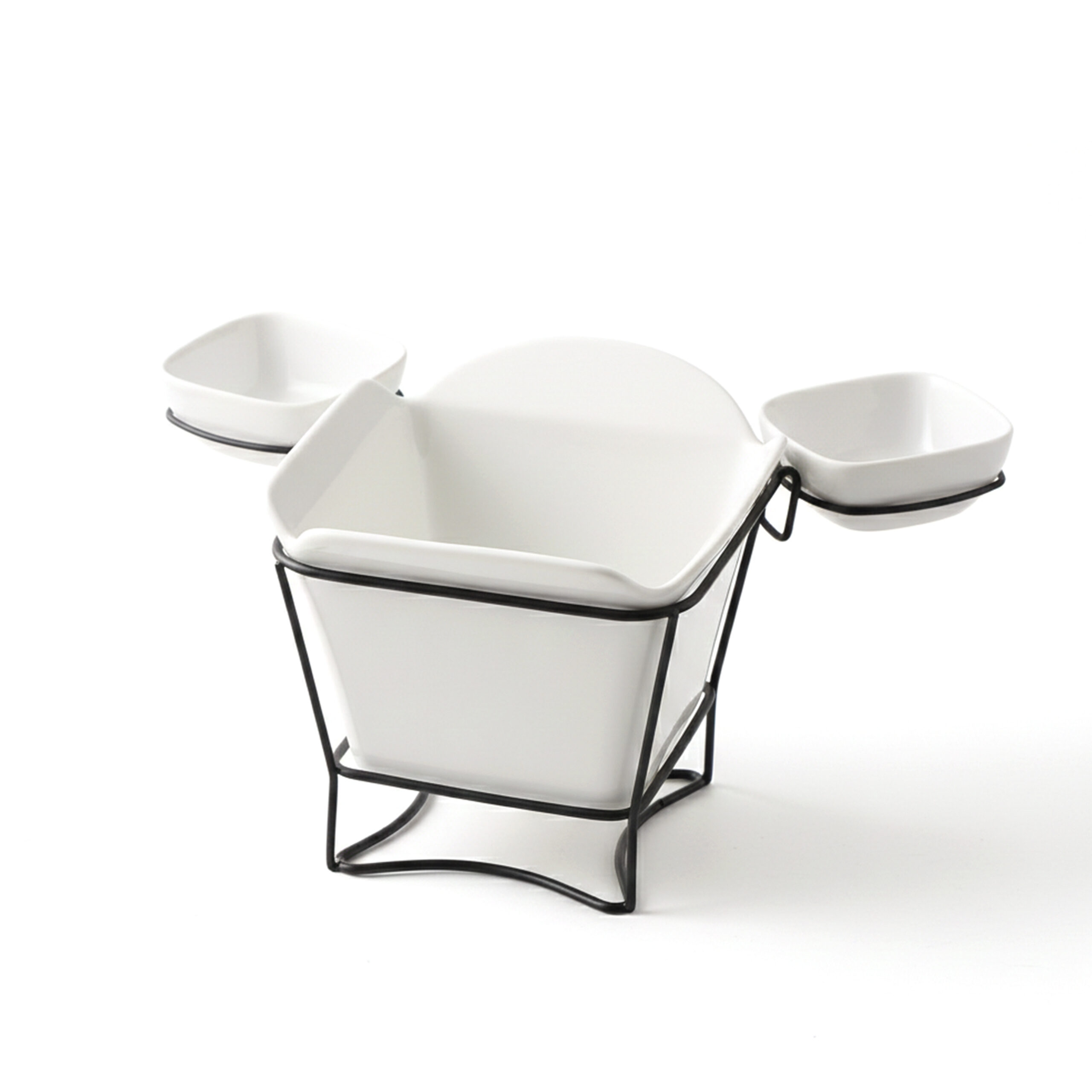 Shallow White Porcelain French Fries Holder with Stand & 2 Dip Bowls 17cm Fries Cup with 8cm Sauce Dishes | Modern Snack Server for Hosting, Parties, Coffee Table, Gifting & Entertaining