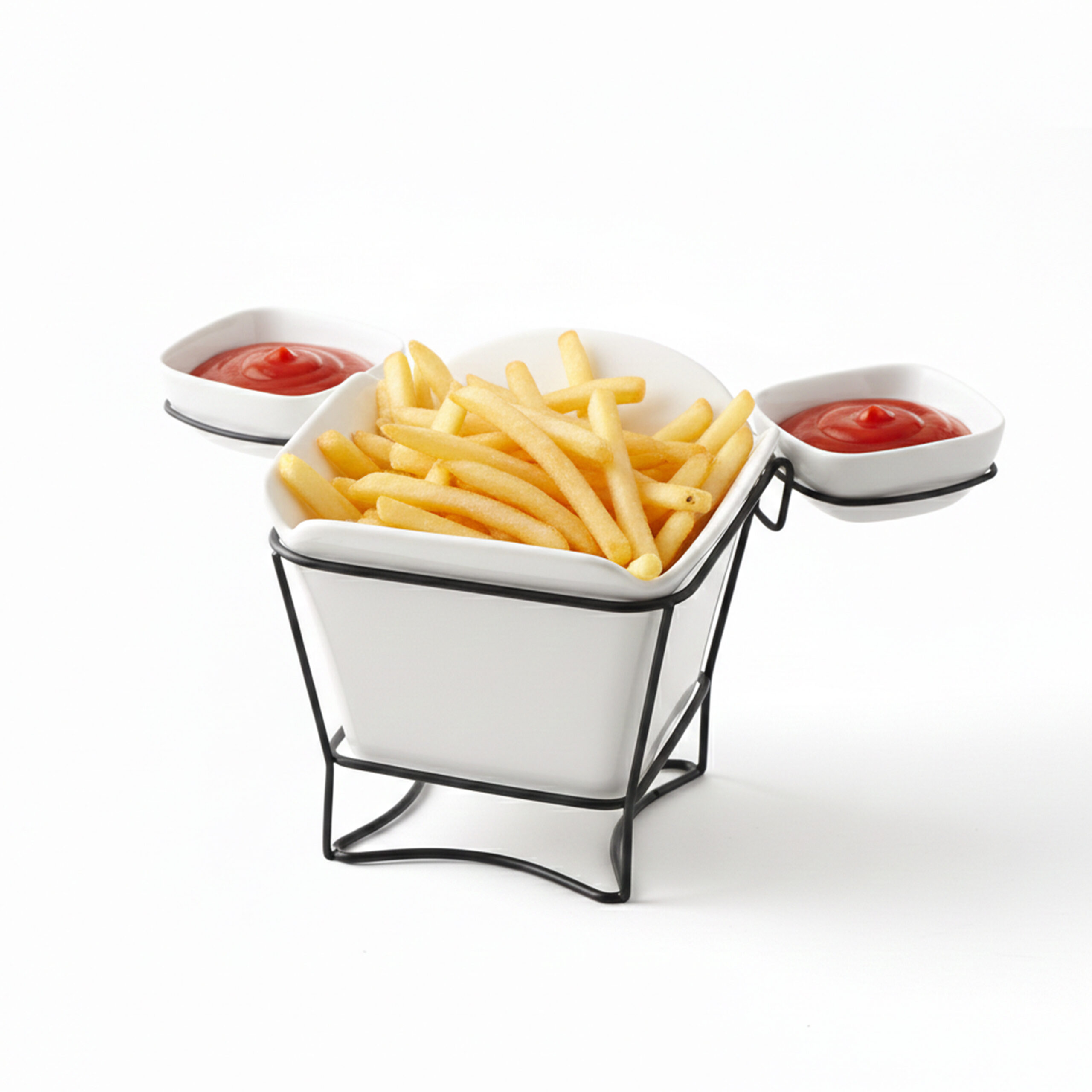 Shallow White Porcelain French Fries Holder with Stand & 2 Dip Bowls 17cm Fries Cup with 8cm Sauce Dishes | Modern Snack Server for Hosting, Parties, Coffee Table, Gifting & Entertaining - Image 2