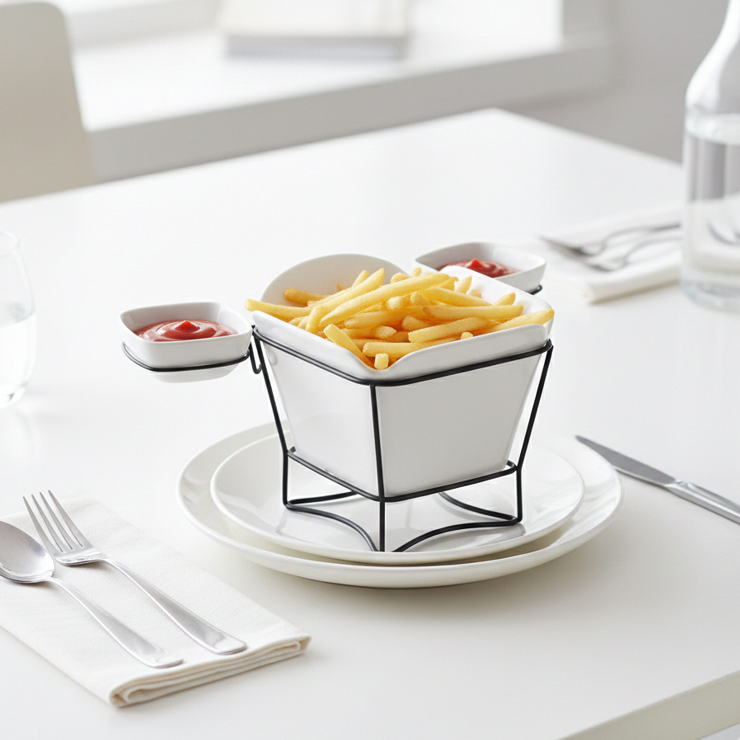 Shallow White Porcelain French Fries Holder with Stand & 2 Dip Bowls 17cm Fries Cup with 8cm Sauce Dishes | Modern Snack Server for Hosting, Parties, Coffee Table, Gifting & Entertaining - Image 3