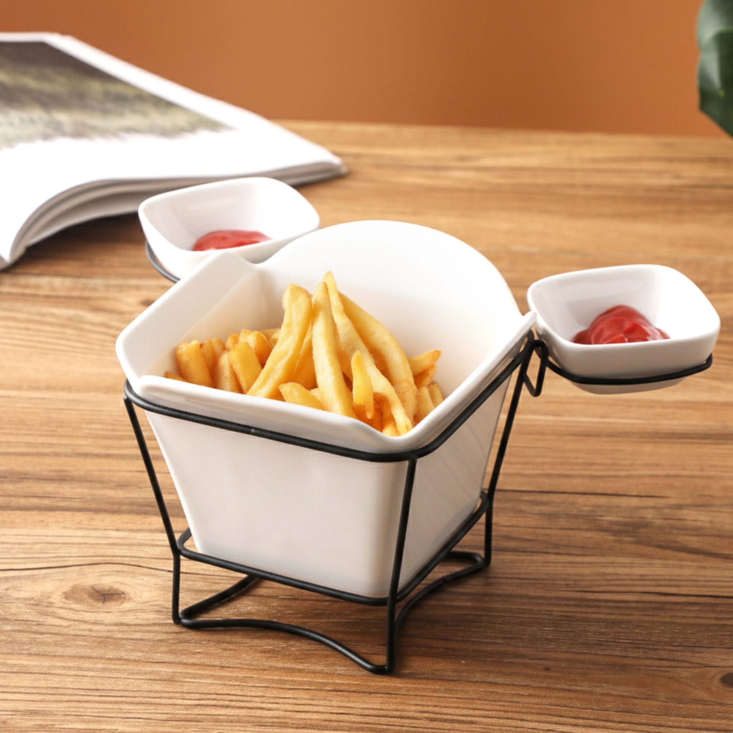 Shallow White Porcelain French Fries Holder with Stand & 2 Dip Bowls 17cm Fries Cup with 8cm Sauce Dishes | Modern Snack Server for Hosting, Parties, Coffee Table, Gifting & Entertaining - Image 4