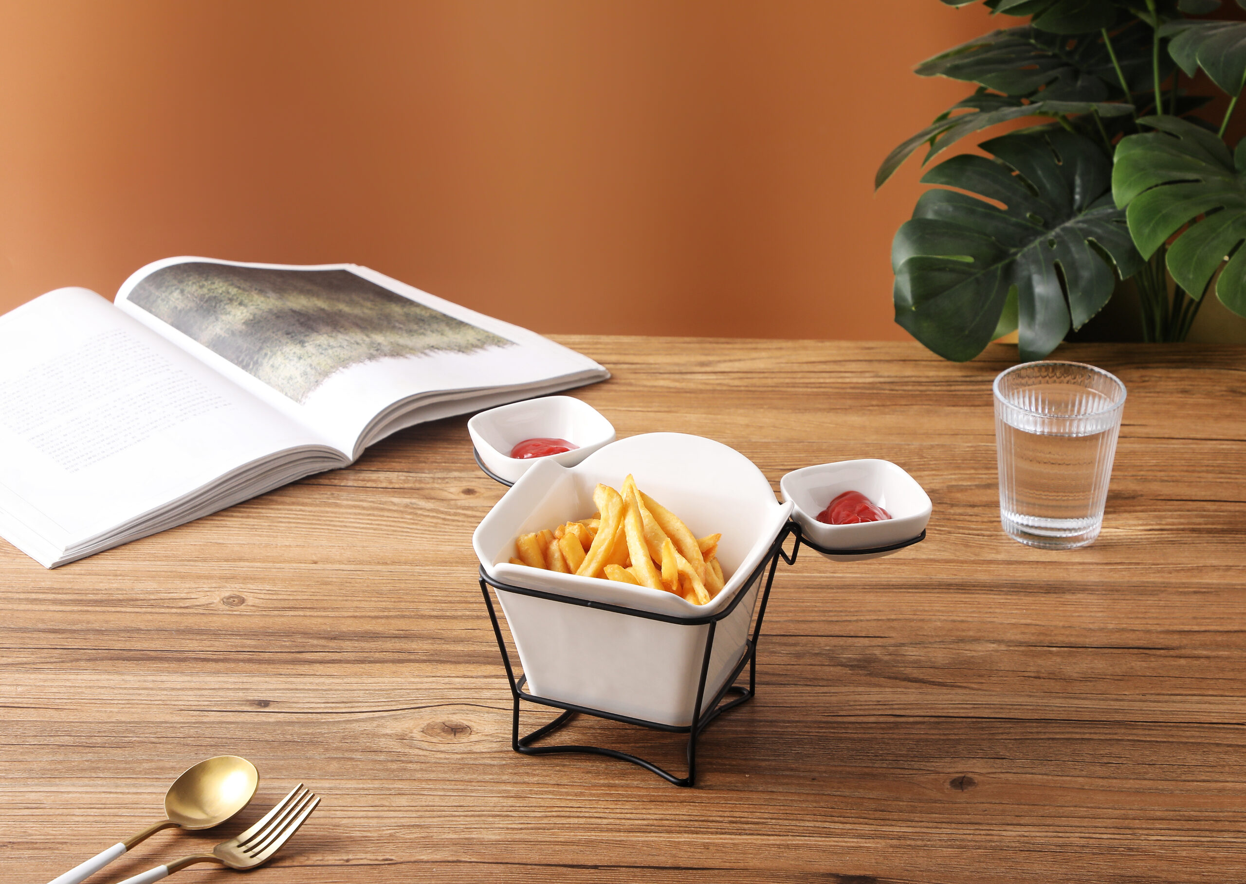 Shallow White Porcelain French Fries Holder with Stand & 2 Dip Bowls 17cm Fries Cup with 8cm Sauce Dishes | Modern Snack Server for Hosting, Parties, Coffee Table, Gifting & Entertaining - Image 5