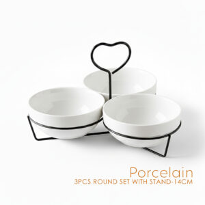 Shallow 3PCS Round Porcelain Bowl Set with Metal Black Stand  14cm White New Bone China Serving Bowls for Snacks, Dates, Desserts & Festive Hosting | Ramadan, Eid, Diwali, Gifting For Any Occasion