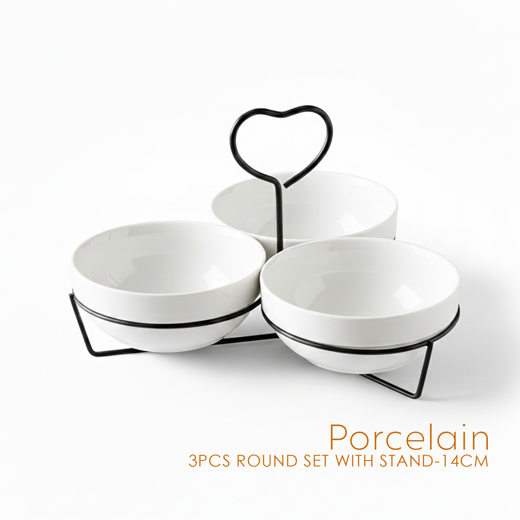 Shallow 3PCS Round Porcelain Bowl Set with Metal Black Stand 14cm White New Bone China Serving Bowls for Snacks, Dates, Desserts & Festive Hosting | Ramadan, Eid, Diwali, Gifting For Any Occasion