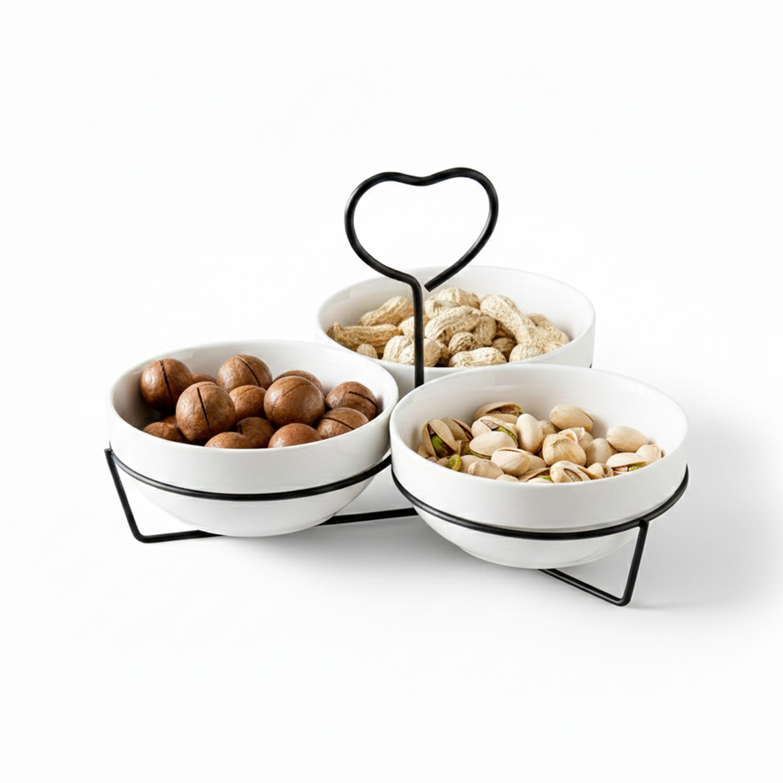 Shallow 3PCS Round Porcelain Bowl Set with Metal Black Stand 14cm White New Bone China Serving Bowls for Snacks, Dates, Desserts & Festive Hosting | Ramadan, Eid, Diwali, Gifting For Any Occasion - Image 2