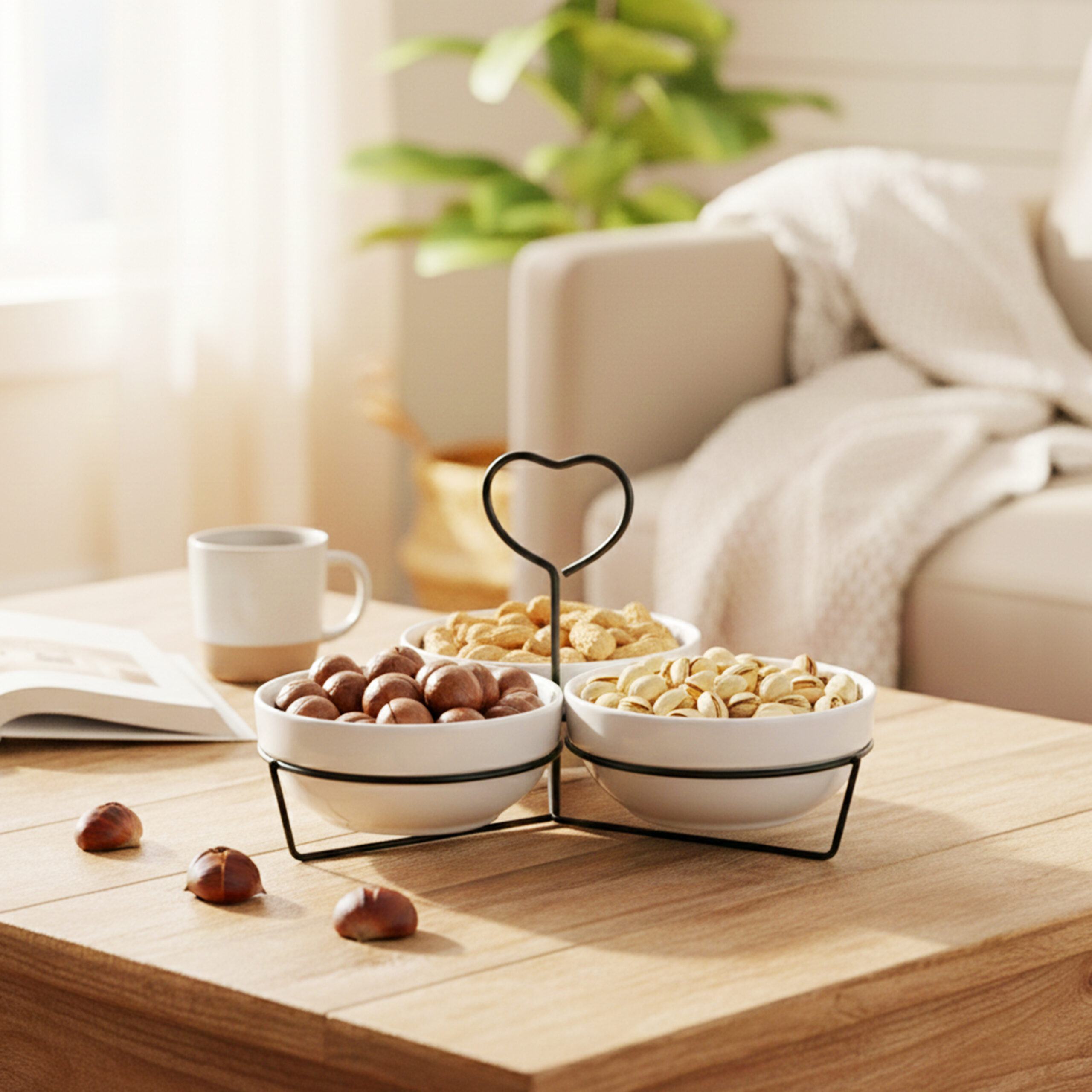 Shallow 3PCS Round Porcelain Bowl Set with Metal Black Stand 14cm White New Bone China Serving Bowls for Snacks, Dates, Desserts & Festive Hosting | Ramadan, Eid, Diwali, Gifting For Any Occasion - Image 3