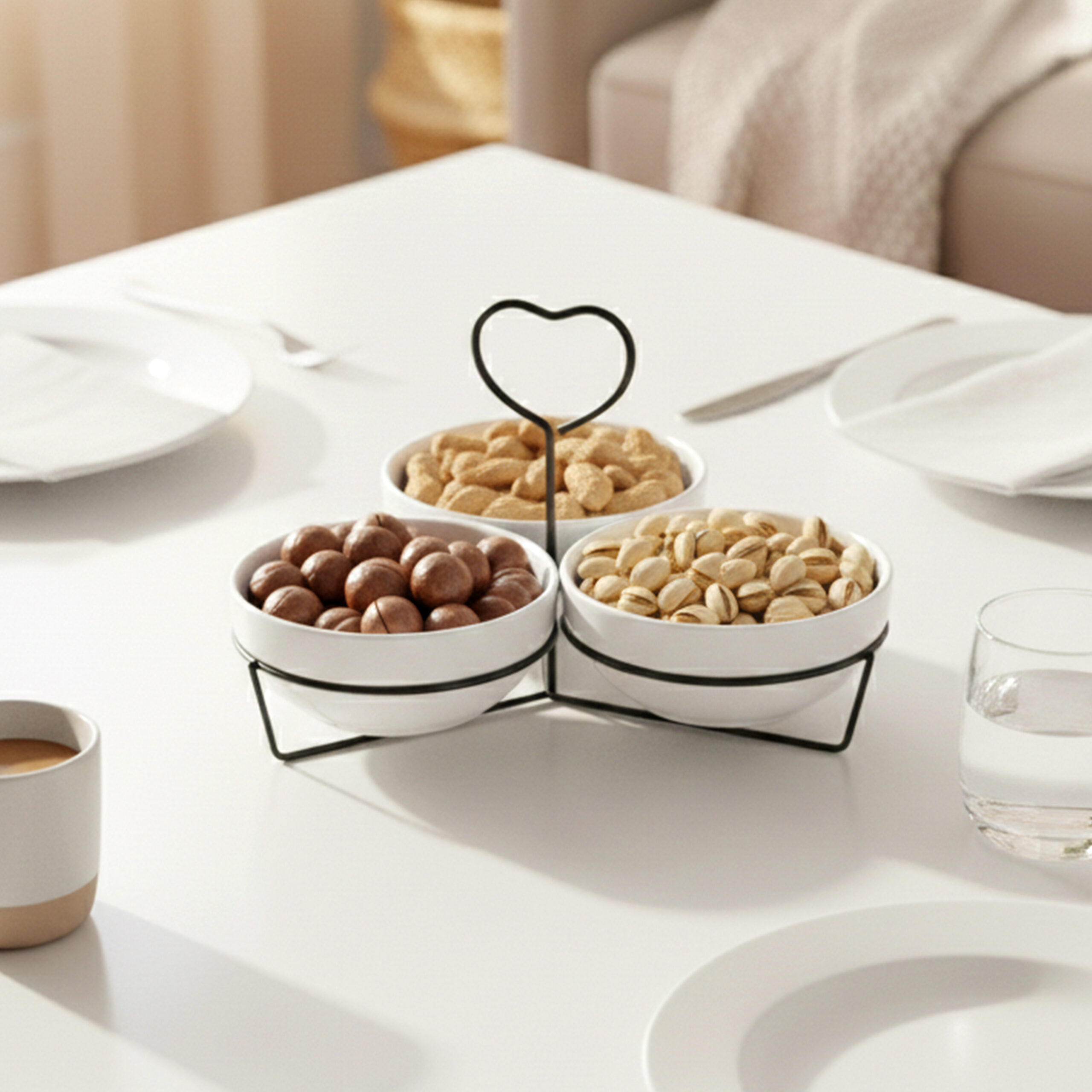 Shallow 3PCS Round Porcelain Bowl Set with Metal Black Stand 14cm White New Bone China Serving Bowls for Snacks, Dates, Desserts & Festive Hosting | Ramadan, Eid, Diwali, Gifting For Any Occasion - Image 4