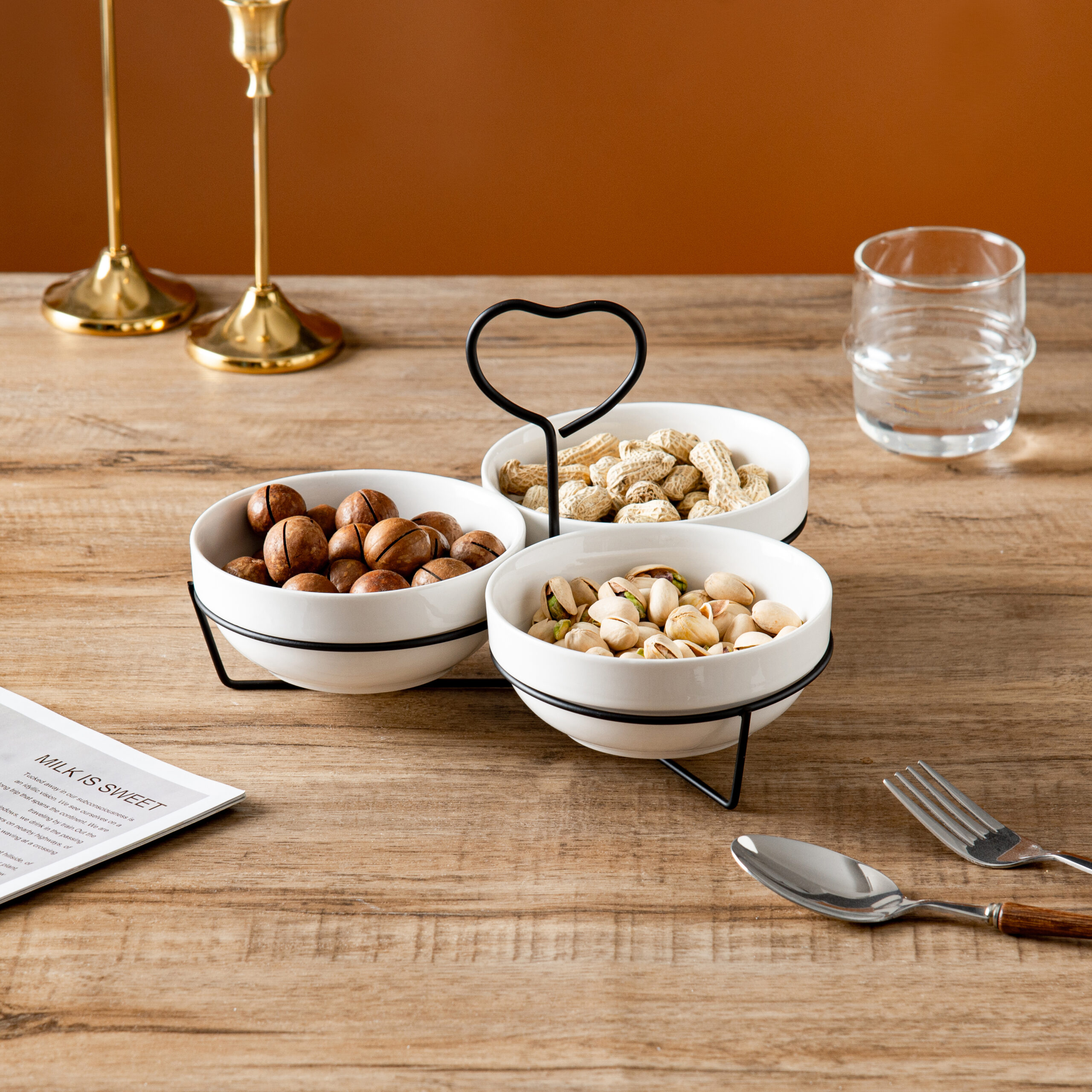 Shallow 3PCS Round Porcelain Bowl Set with Metal Black Stand 14cm White New Bone China Serving Bowls for Snacks, Dates, Desserts & Festive Hosting | Ramadan, Eid, Diwali, Gifting For Any Occasion - Image 5