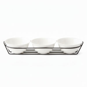 Shallow Arabic-Inspired Serving Bowl Set  3PCS Round 13cm White Porcelain Bowls with Metal Stand for Dates, Peanuts, Almonds Ramadan Tables & Elegant Hosting